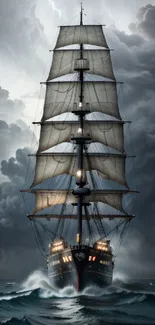 Ship sailing through stormy seas under dark clouds.