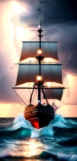 Ship navigating stormy seas with dramatic sky in mobile wallpaper.