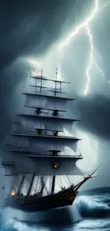 Tall ship braving stormy seas with dramatic lightning.