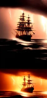 Majestic ship sailing a stormy sea under vivid lightning.