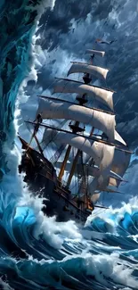 Tall ship sails through stormy ocean waves in dynamic wallpaper.