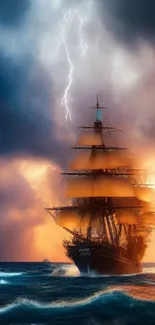 Majestic sailing ship in stormy sea with lightning overhead.