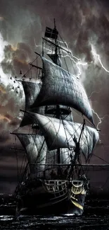 Majestic ship sailing through stormy seas with lightning in the background.