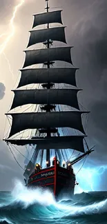 Tall ship sailing in a stormy sea with lightning in dramatic scenery.