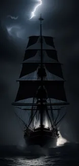 Majestic ship during a storm with lightning in the background.