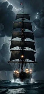 Sailing ship in a stormy sea with lightning illuminating the dark sky.