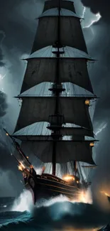 Majestic ship sailing through a storm with dark clouds and lightning.