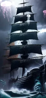 Dramatic ship sailing through stormy seas with dark clouds and fierce waves.