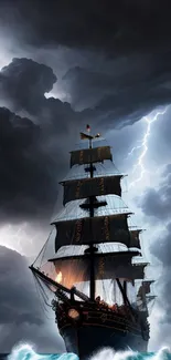 Majestic ship on stormy sea with lightning in dramatic sky.