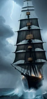 Majestic ship sailing through a stormy sea with dark clouds and lightning.