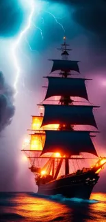 Tall ship illuminated by lightning in a stormy sea, creating a dramatic scene.