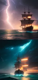 Ship on stormy sea with striking lightning, creating a dramatic scene.