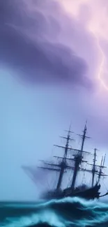 Tall ship in a stormy ocean under a lightning sky.