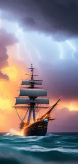 Dramatic ship on stormy sea with lightning and sunset.