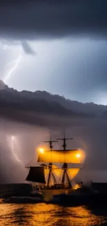 Ship sailing under dark stormy clouds with lightning.