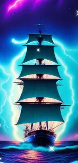 Majestic ship in a stormy sea with vibrant electric blue lightning.