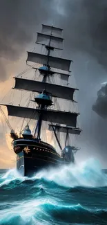 Majestic ship sailing through turbulent stormy seas with lightning in the background.