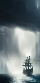 Majestic ship sailing in a dramatic stormy sea.