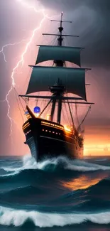 Ship sailing through stormy seas during a lightning storm with dramatic skies.