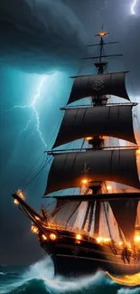 Pirate ship on stormy sea with lightning.