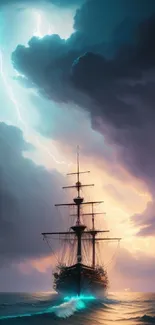 A majestic ship braves a stormy sea under an electrifying sky.