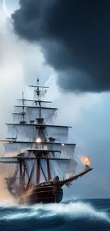 Ship braving a stormy sea with lightning overhead.