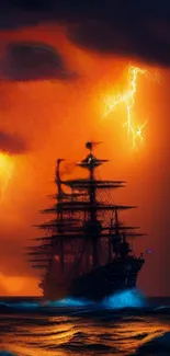 Tall ship braves stormy seas under striking lightning.