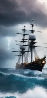 Sailing ship braving stormy seas with lightning in the background.