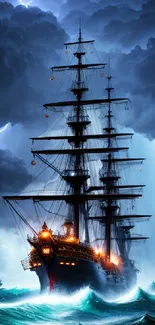 Tall ship facing a stormy sea with lightning in the background.