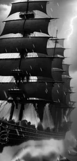 Dramatic pirate ship in monochrome stormy seas with lightning.