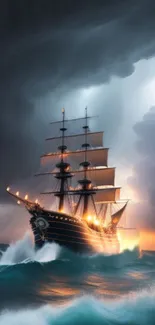 A majestic sailing ship in stormy seas with dramatic lightning and ocean waves.