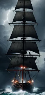 Majestic sailing ship in stormy seas with lightning-filled sky.