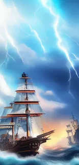 Majestic ship navigating stormy seas with bright lightning strikes.