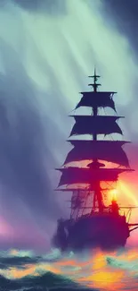 Dramatic ship sailing through stormy seas with vibrant colors at sunset.