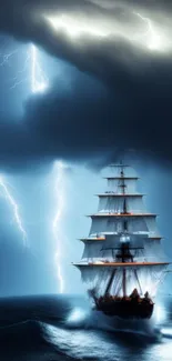 Ship navigating a storm with lightning over the ocean.