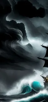 Dramatic ship on stormy ocean waves with dark, swirling skies.