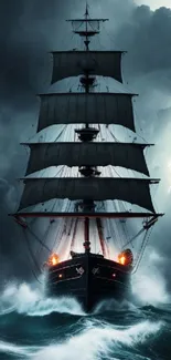 Ship sailing through stormy seas with dark sky and waves.