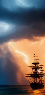 Majestic ship beneath stormy skies with orange lightning at sea.