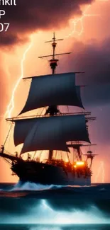 Ship sailing through stormy seas with lightning in the background.