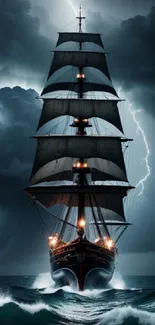 Ship sailing through lightning and waves on a stormy sea.