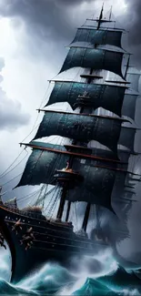 Majestic ship sails through stormy seas with dramatic clouds.