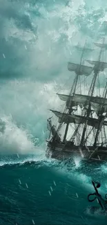 Tall ship sailing through stormy seas with dramatic waves and clouds.