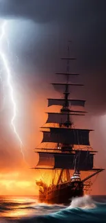 Majestic ship in a storm with lightning and fiery skies.