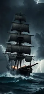 Ship sailing through stormy ocean under dark clouds.