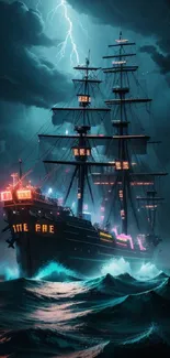 Dramatic ship amidst stormy ocean with lightning and dark clouds.