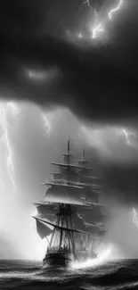 Dramatic ship in a storm with lightning in black and white.