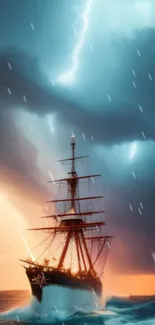 Ship sailing through a storm with lightning and dramatic skies.