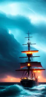 Sailing ship in a dramatic ocean storm wallpaper.