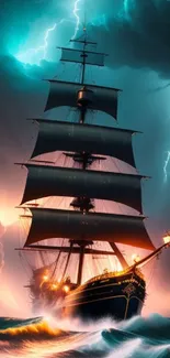 Dynamic ship on stormy sea with lightning and waves, perfect for mobile wallpaper.