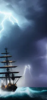 Ship sailing through stormy seas with lightning striking the dark sky above.